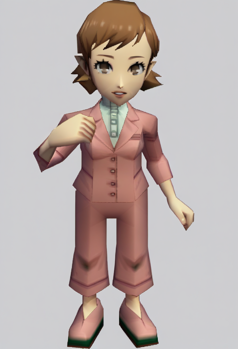 score_9, score_8_up, score_7_up, source_anime BREAK 1girl, solo,
<lora:zs_N64ZeldaStyleXL:1> n64zeldastyle, 3d, polygonal, white background, full body
 <lora:zs_ToriumiXL:1> toriumip3, short hair, brown hair, brown eyes, pink blazer, pink pants