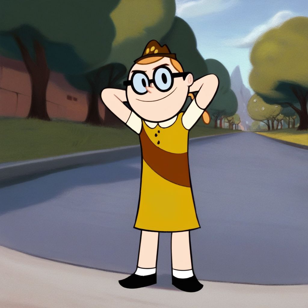 score_9, score_8, score_7, BREAK, bessie, orange hair, glasses, hat, dress, outdoors, hands behind head, looking at viewer,