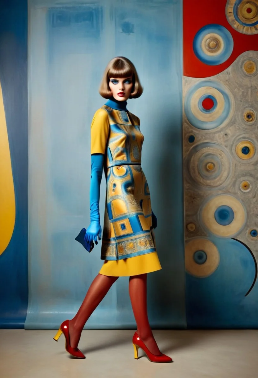 full body shot with shoes, A breathtaking fashion photograph portrait, capturing a 1960s Elle woman's magazine fashion shoot featuring a stunning high-end European gender-ambiguous model with short blonde french bob hair with bangs and (((detailed skin))), smoky makeup, blue sheer shiny pantyhose, yellow high heels. The scene is set against a vibrant, (((Kodak Porta 600-inspired backdrop))), with intricate, hand-drawn details that mirror those of artist wassily kandinsky. A luxurious, hand-painted, realistic Kandinsky dress in shades of (((bright red and yellow, blue))), red gloves, fcNeg, epiCPhotoGasm-colorfulPhoto, dvr-tldr, fixhand