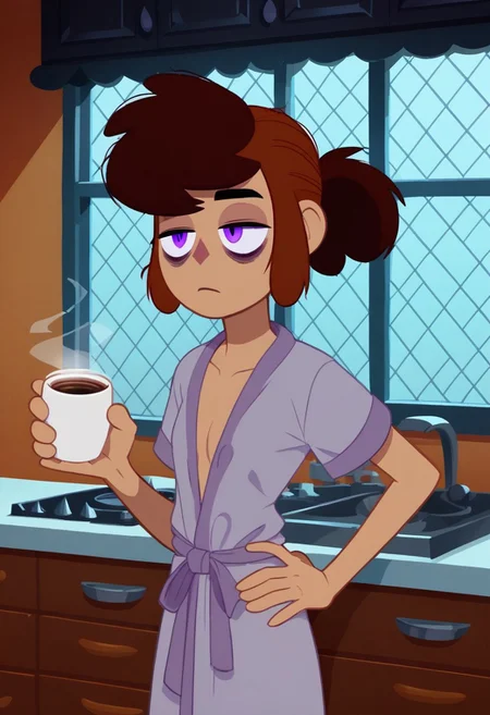 score_9, score_8_up, score_7_up,
1girl solo,female, light brown complexion purple eyes and eye bags, bangs short ponytail, , holding cellphone,tiny_breast, kitchen background, wear only bathrobe nightgown, loose clothes, one hand holding cup of coffee, one hand on hip, perfect hands, bags under eyes, sleepy eyes, messy hair, loose clothes, eyes half close,
perfect hands, perfect anatomy, show accurate,