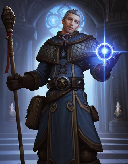 cinematic_depth, 8k, soft_lighting, warm_glow, ultra_high_quality, masterpiece, best quality, newest, perfect quality, intricate details, detailed background, male focus, realistic, solo, <lora:World Of Warcraft - Archmage Khadgar - Illustrious-000006:0.7> wow_khadgar, 1boy, mature male, grey hair, short hair, blue eyes, stubble, robe, brown gloves, belt, satchel, brown boots, head tilt, looking at viewer, holding staff, casting spell, arcane orb, holding