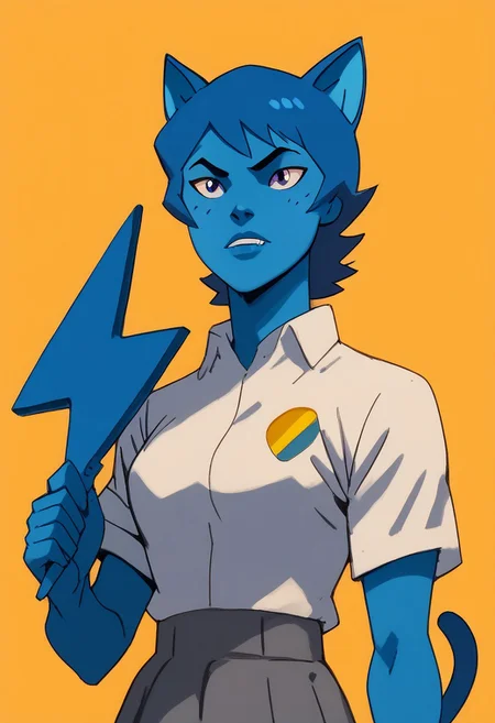 score_9, score_8_up, score_7_up, dc comics, young justice style, flat colors, best quality, high quality,
1girl, nicole, blue short hair, blue cat ears, blue athletic body, purple eyes, tail, white shirt, grey skirt, colored badge, blue buzz, (holding blue buzz:1.3),
portrait, abstract yellow background,