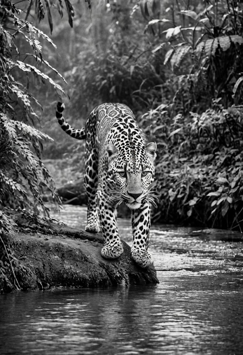 a (black and white:1.5) photo of a leopard, in the jungle, drinking at the at the edge of a river, at dusk, dense jungle forest, dramatic lights, shallow depth of field, blurred background, extreme details, intricate details, 8k, 35mm photo, photorealism, realistic photo, national geographic style, masterpiece, film photography style