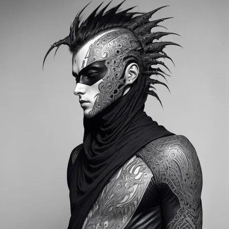 teen boy, 1boy, messy hair, black hair, white skin, detailed face, detailed skin, black mask on the lower part of the face, in the style of dune, Arrakis, criminal, marauders,
masterpiece, cybersigilism, (neotribal, metallic, bio, giger, tribal tattoo style, tattoo on the body, tattooed, tattoos, cyberpunk:1.3)
