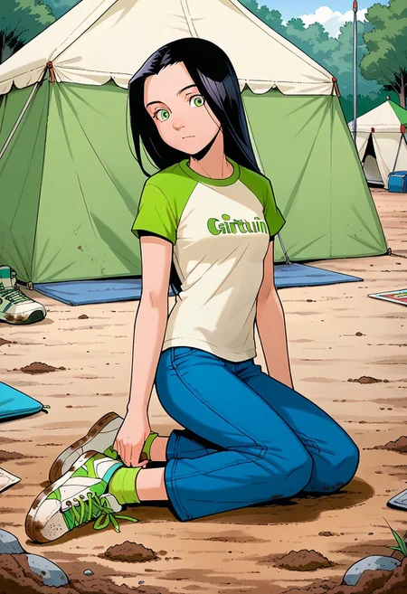 score_8, score_8_up, score_7_up, 1girl, female focus, solo, Caitlin_PP, black hair, long hair, green eyes, small breasts,t-shirt, print shirt, white shirt, raglan sleeves, green sleeves, jeans, blue jeans, short socks, green socks, sneakers, outdoors, circus, tent, dirt ground, looking at viewer