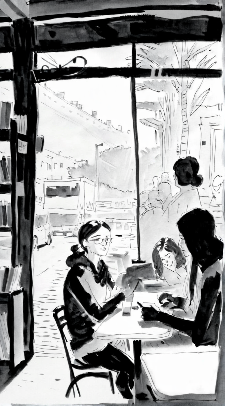 drawix2 girl in a cafe in the background people<lora:drawix2:1>