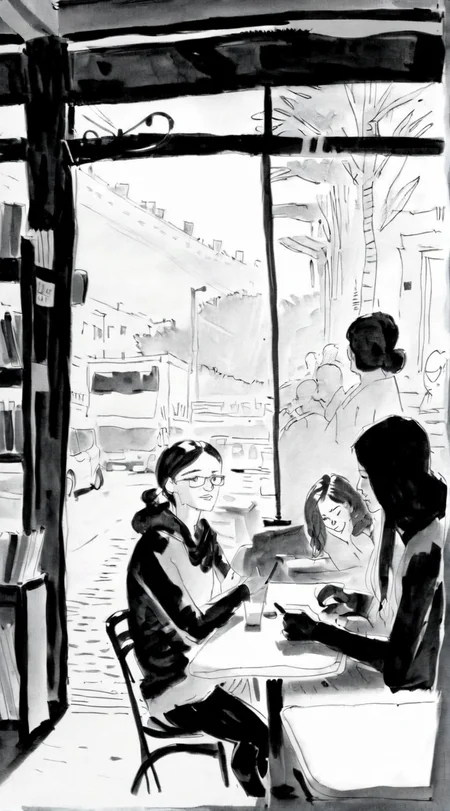 drawix2 girl in a cafe in the background people<lora:drawix2:1>