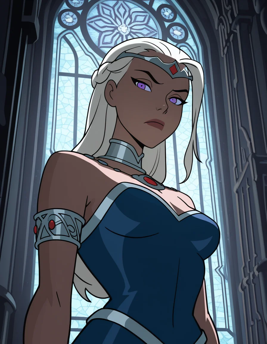 masterpiece, best quality, amazing quality, dcaustyle, Daenerys Targaryen, from below, fantasy, blue dress, purple eyes, white hair, half updo, braid, diadem, armlet, silver trim, jewelry, disdain, looking at viewer, upper body, ornate, palace interior, stained glass window, light rays, dark, vector illustration