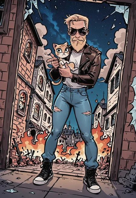 masterpiece, best quality, amazing quality, 4k, very aesthetic, high resolution, ultra-detailed, absurdres, newest, toon, cartoon, brusch, brick building, starry sky, night sky, smoke, 1boy, blond hair, short beard, sunglasses, leather jacket, white tshirt, jeans, black sneakers, (holding a kitten,) broken window, shards of glass, burning building, fire in window, dynamic angle, finger gun, looking at viewer,