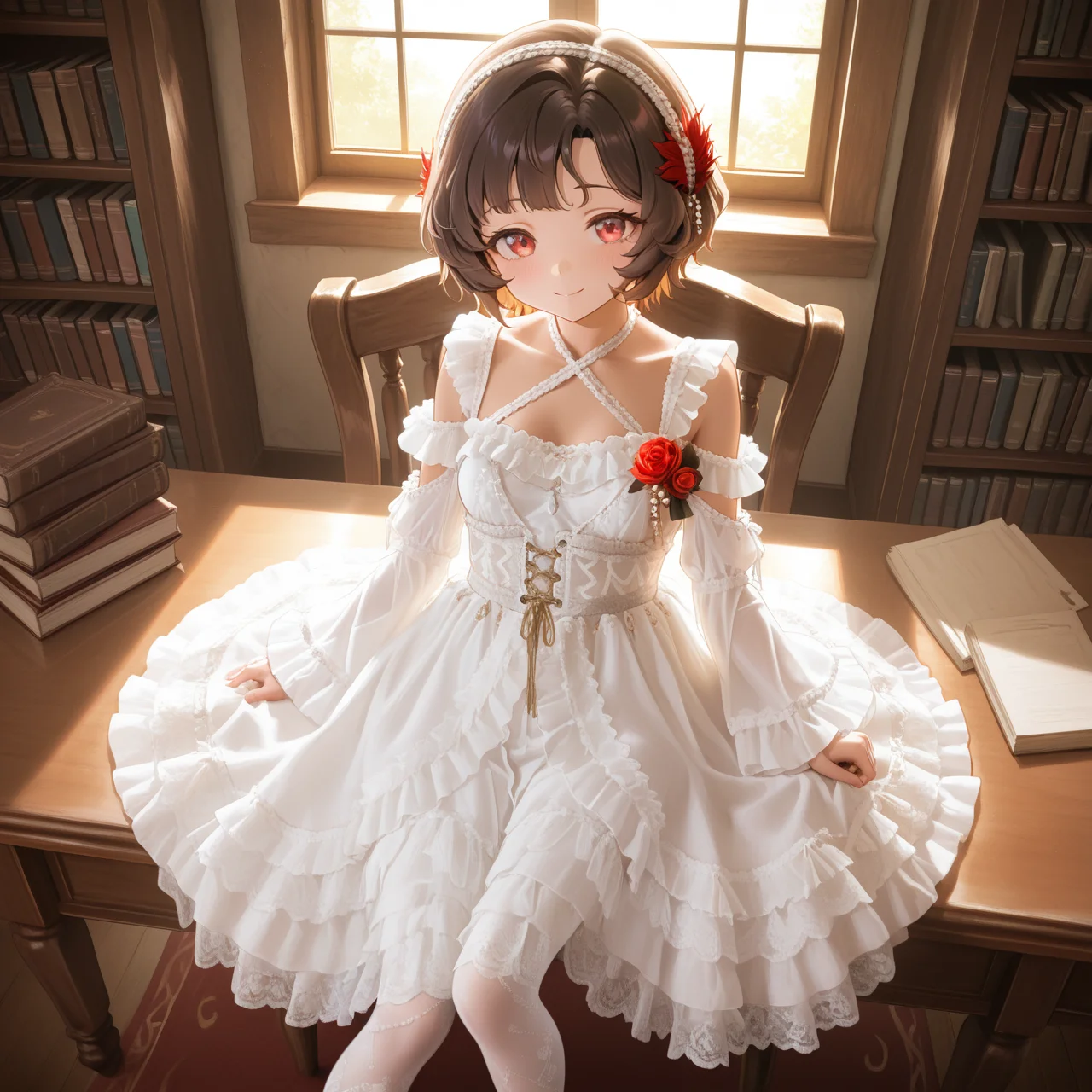 Positive: Masterpiece, best quality, amazing quality, very aesthetic, high resolution, ultra-detailed, absurdres,
1girl,solo,
schndef, short hair, feather hair ornament,small breasts,brown hair, red eyes,white hairband,
white off-shoulder lace ruffled dress,
white dress,white off-shoulder,lace,frills,
criss-cross halter,
corsage,jewelry,
long sleeves,detached sleeves,
white lace pantyhose,sitting on chairs,looking_at_viewer,
Sunlight, windows, bookcase, table,