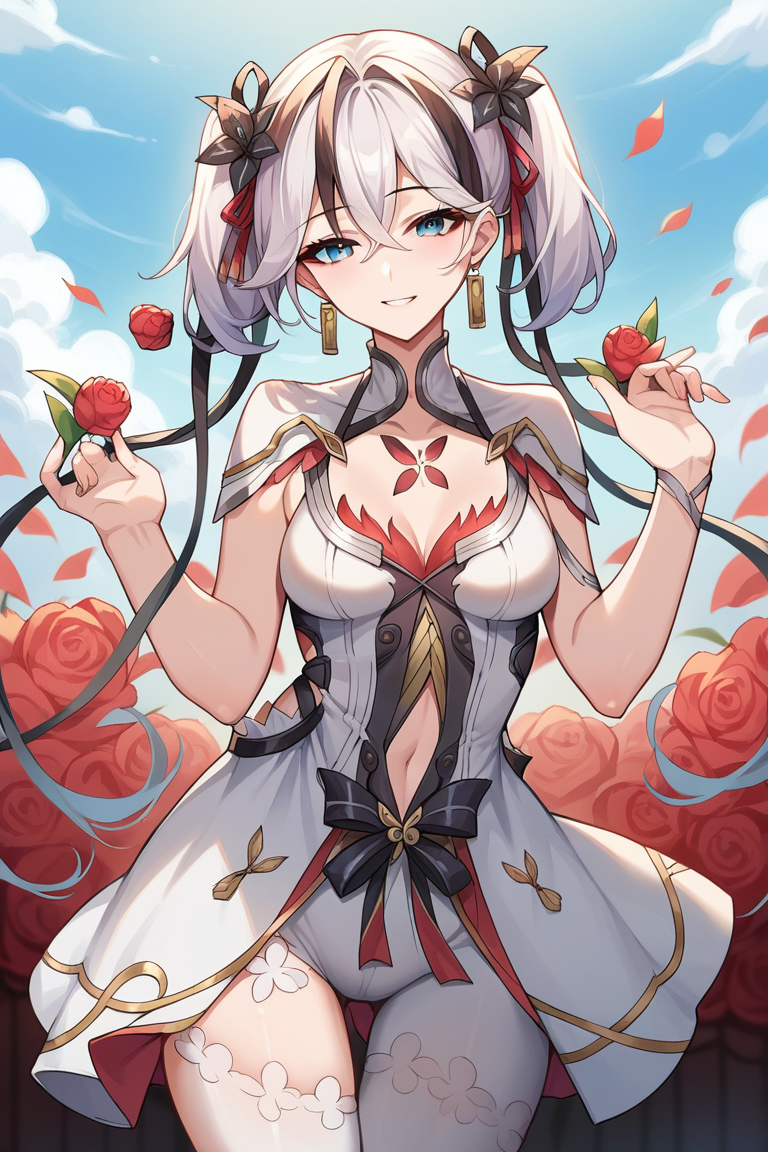 score_9, score_8_up, score_7_up, score_6_up, score_5_up, score_4_up, rating_questionable, , source_anime, digital illustration, pixiv, fanbox, uncensored, , BREAK, official art,
1girl, solo, mature female, camellya, long hair, twisted hair, blue eyes, twintails, white hair, black streaks, hair flower, ,
dress, white dress, jewelry , light smile, navel cutout, clothing cutout, flower thighhigh, white thighhigh, , outdoors , cowboy shot, looking at viewer, colorful, vivid, <lora:Camellya_Pony-10:0.9>