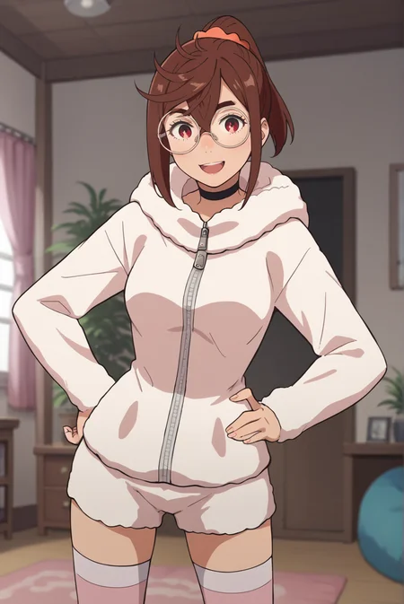 score_9, score_8_up, score_7_up, score_6_up, score_5_up, score_4_up, BREAK source_anime, 1girl, solo,
<lora:MomoAyaseXL-v3-07:0.7>, ChopioMomo, brown hair, short hair, hair between eyes, thick eyebrows, red eyes, looking at viewer,
medium breasts, narrow waist,
ponytail, hair scrunchie, glasses, round eyewear,
outfit_4, black choker, pajamas, fur trim, white hoodie, zipper, hood, hood down, sleeves past wrists, white shorts, short shorts, pink thighhighs,
living room, smile, open mouth, standing, hand on own hip,