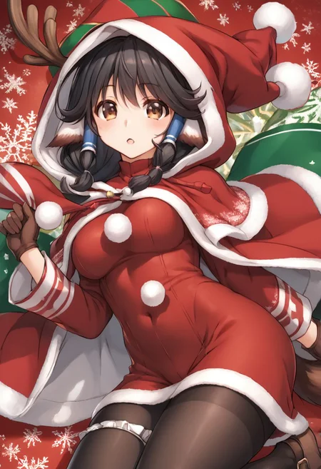 score 9, score 8 up, score 7 up, rating questionable, detailed background, <lora:aruruu.:1>, aruruu, santa, medium breasts, wide hips, black hair, brown eyes, tail, thighband pantyhose, pantyhose, hood, christmas, brown gloves, pom pom clothes, hair tubes, fur trim, black pantyhose, red leotard, red dress
