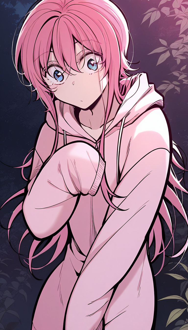 <lora:yushanshan:1>,yushanshan,1girl,long hair,pink hair,hair between eyes,blue eyes,pink hoodie, sleeves past wrists, long sleeves,, masterpiece,best quality,amazing quality,anime screenshot,