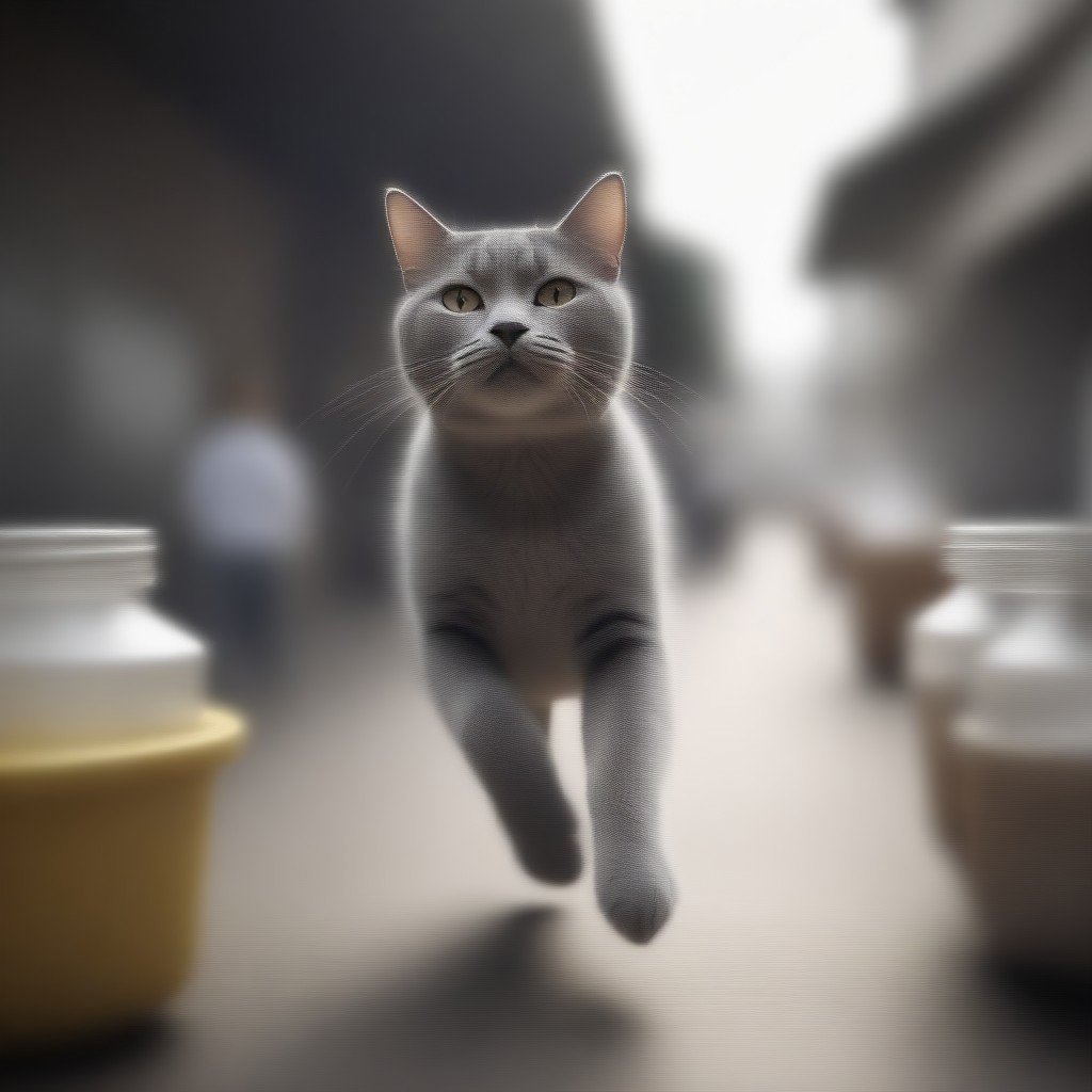 blur speed, active scene, At a street milk market, a gray cat (running pose) holds a bottle saying BUZZ in his upper paws, runs quickly and laugs, A milk seller in white runs after him and shouts loudly, threatening him with his fist.