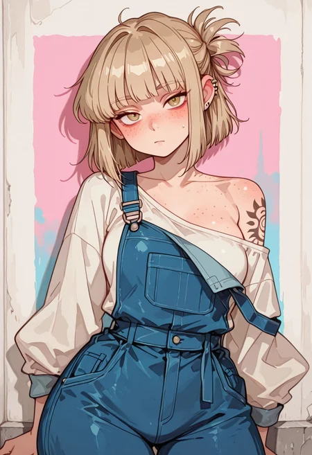 1girl, solo, looking at viewer,
himiko toga, piercings,
bare-shoulder, shoulder tattoo,
freckles, standing,
baggy clothes, single-strap overall,

pink, white, blue,
painted_background,
concrete,

Kenorland, kenorland, artist:moriimee, 748cmstyle, Bl3th3bn3_Styl3_SKNSFW,