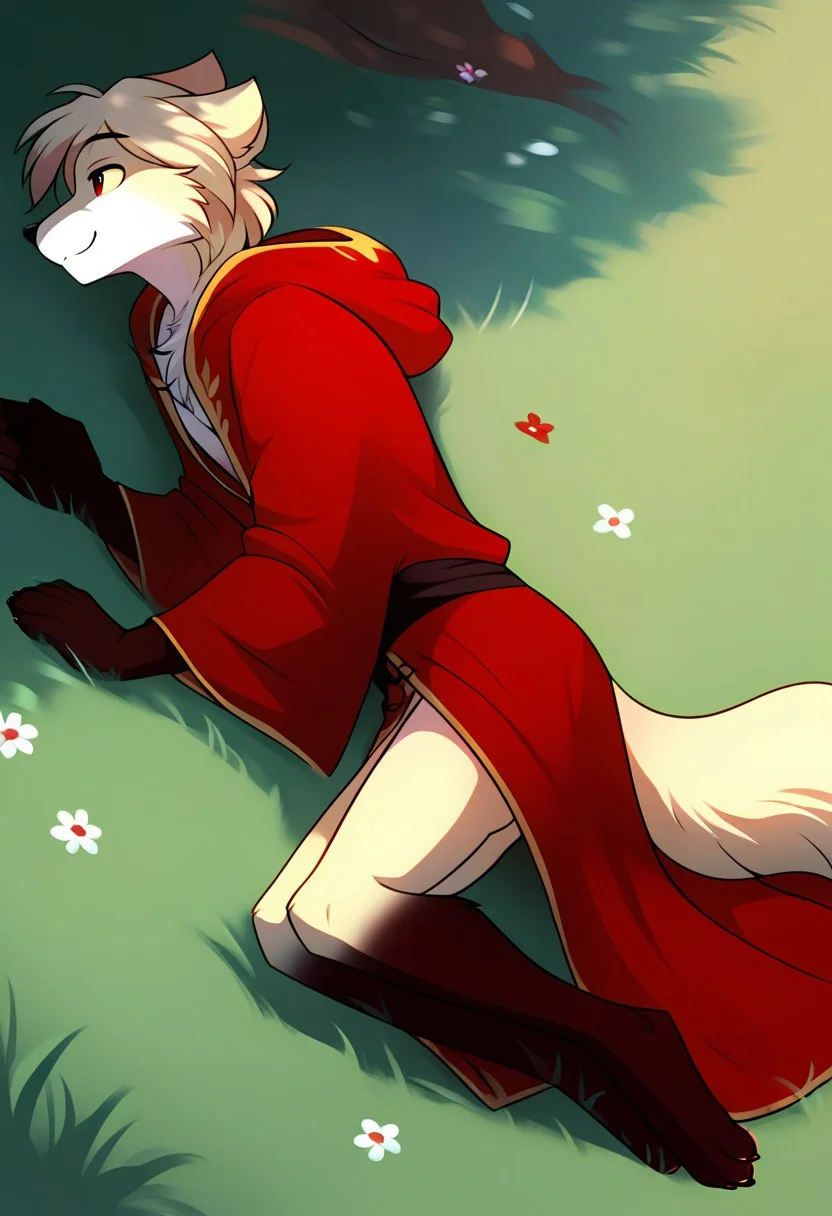 score_9, score_8_up, score_7_up, score_6_up, source_furry, rating_explicit, solo, solo focus, male, 1boy, lying under a birch tree, birch, in the field, outdoors, The black and red robe, kind expression, kind little smile, Looking into the distance, clovis-twokinds detailed, five fingers, side view, side side, fluffy tail, legs together, cute paws, (((perfect body, perfect hands, perfect legs, perfect eyes, perfect face, perfect fur, perfect anatomy)))