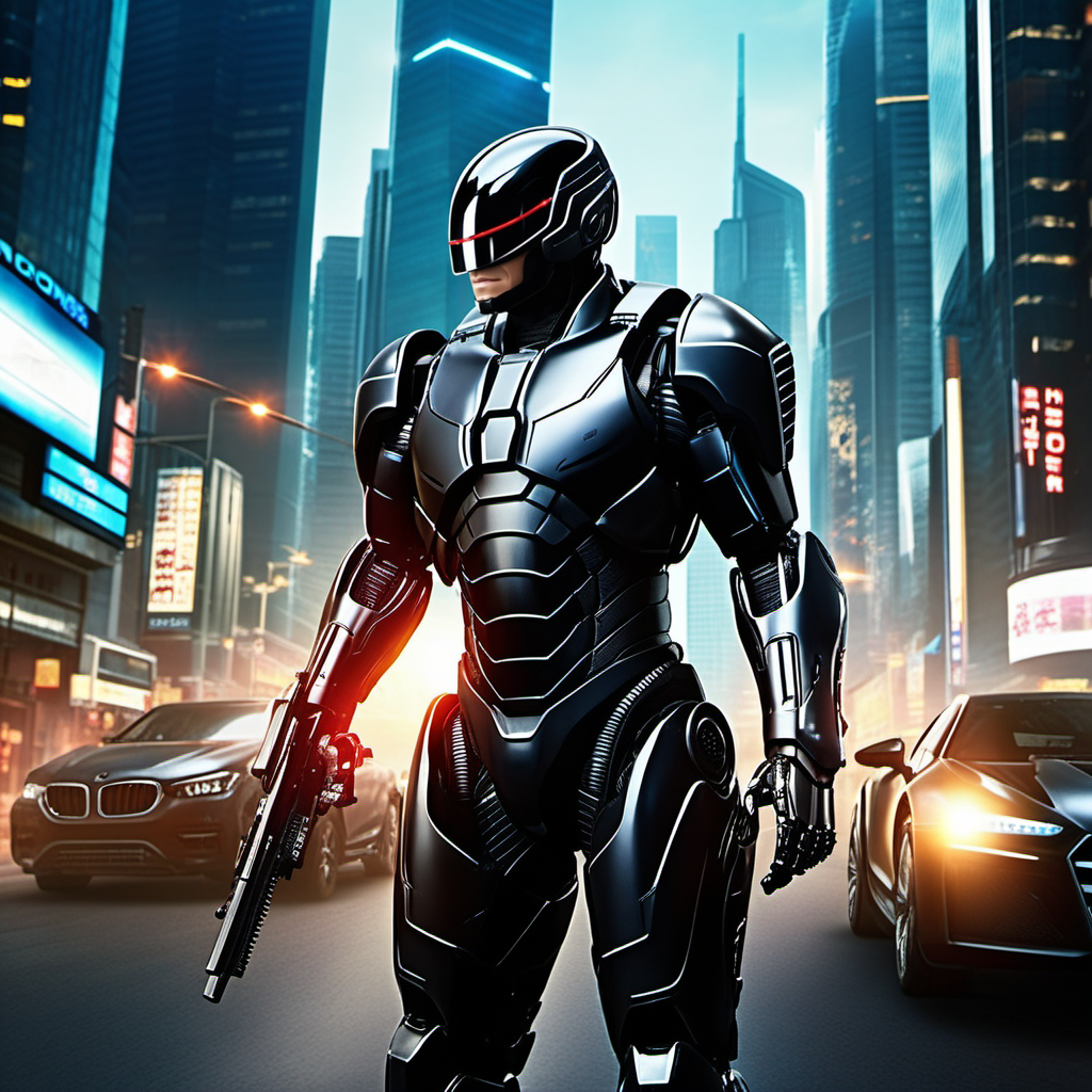 Robocop2014, a black armored robot, full body, cyberpunk city background, highly detailed,  photography, ultra sharp, film, professional, 64k <lora:add-detail-xl:1.5>  <lora:Robocop2014-1024-000325:0.4>