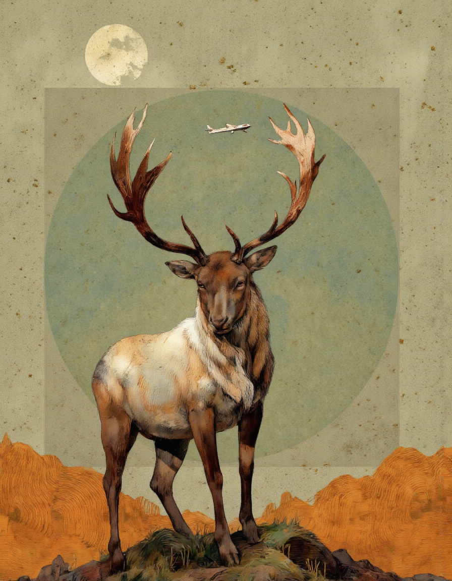 . A digital illustration of a reindeer standing on a grassy hill, facing the viewer, with large antlers and a calm expression. the background is a textured, muted color palette with shades of green, orange, and yellow, creating a serene atmosphere. in the foreground, a small, distant aircraft can be seen in the distance, adding a sense of movement to the scene. the artwork is done in a whimsical, abstract style with a mix of textures and colors, giving it a unique and dreamy quality. the reinde is positioned in the center of the image, with its full body visible and its antlers standing out against the muted colors of the background. the overall effect is one of tranquility and serenity, inviting the viewer to take a moment to appreciate the beauty of nature.