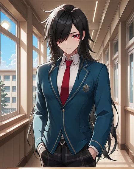 masterpiece,best quality,amazing quality, newest, very aesthetic, absurdres,
1boy, solo, yaoi, male focus, looking at viewer, cowboy shot,
<lora:Solace_Base_ilxl:1> solace, black hair, red eyes, facial mark, hair over one eye, long hair, swept bangs, facial tattoo,
school uniform, white shirt, collared shirt, blue jacket, red necktie, black pants, plaid pants,
indoors, school, hallway, window, day, sun,