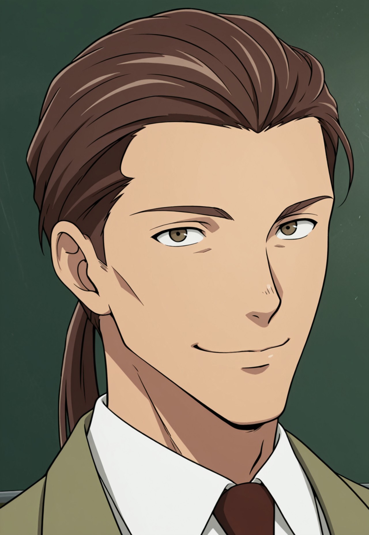 solo, masterpiece, detailed, ultra hd, best quality, 1boy, male, official art, w0lfc0nf, modern, new

FDHiyama, brown hair, ponytail, jacket, suit, necktie, portrait, headshot, classroom, looking at viewer, smiling