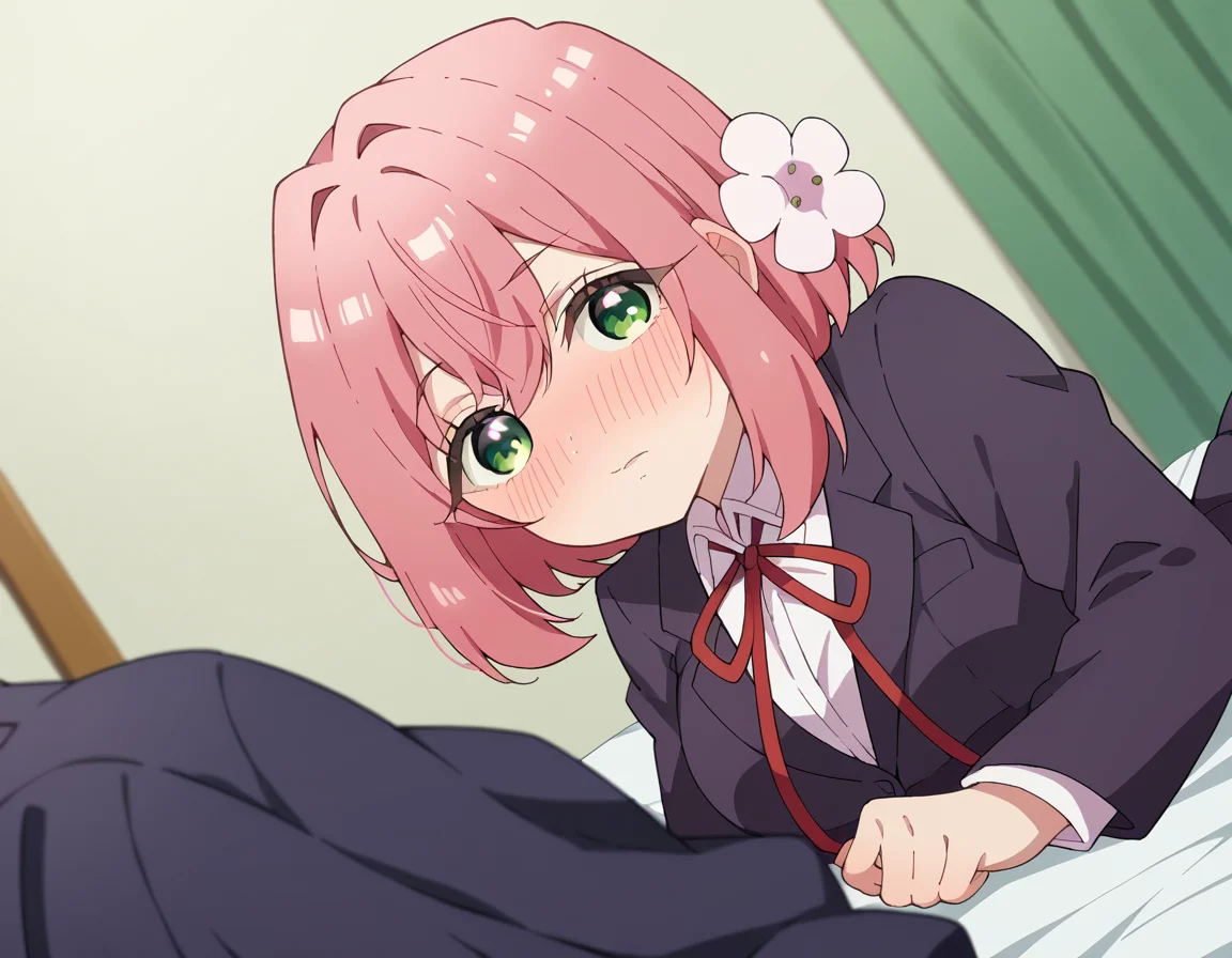 score_9, score_8_up, score_7_up, source_anime,
hakarihanazono, <lora:hakari-hanazono-s1-ponyxl-lora-nochekaiser:1>,
hakari hanazono, short hair, hair ornament, green eyes, pink hair, flower, hair flower, hair between eyes, sidelocks,
skirt, shirt, ribbon, school uniform, blazer, white shirt, pleated skirt, collared shirt, black skirt, red ribbon, neck ribbon,
indoors, bed, bed room, on side, blush, drunk,
looking at viewer, dutch angle, cowboy shot,