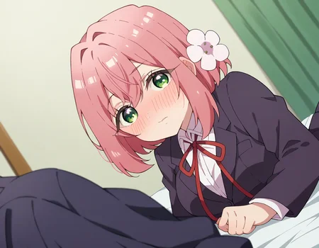 score_9, score_8_up, score_7_up, source_anime,
hakarihanazono, <lora:hakari-hanazono-s1-ponyxl-lora-nochekaiser:1>,
hakari hanazono, short hair, hair ornament, green eyes, pink hair, flower, hair flower, hair between eyes, sidelocks,
skirt, shirt, ribbon, school uniform, blazer, white shirt, pleated skirt, collared shirt, black skirt, red ribbon, neck ribbon,
indoors, bed, bed room, on side, blush, drunk,
looking at viewer, dutch angle, cowboy shot,