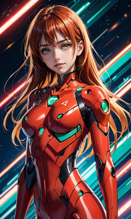 4n1v3rs3, 1girl, souryuu asuka langley, neon genesis evangelion, in high detailed textured (Evangelion red plugsuit), (ultra-detailed body), light smile:0.3, , looking at viewer, (colorful background:1.3), (intricate details), (dynamic angle), masterpiece, best quality, very aesthetic, absurdres, <lora:add-detail-xl:2>