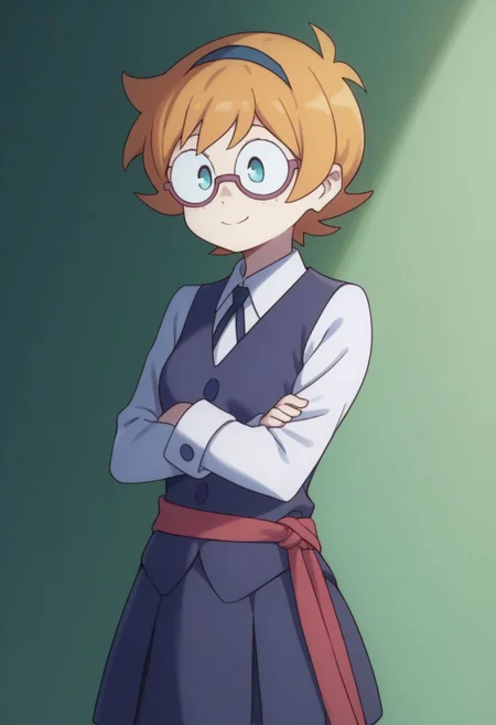score_9, score_8_up, source_anime, highly detailed, 1girl, solo
lotte, 1girl, freckles, solo, glasses, short hair, school uniform, smile, luna nova school uniform, hairband, blue eyes, long sleeves, orange hair, v arms, white shirt,