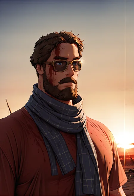 blue hour shot of golden hour shot of concept art (masterpiece,best quality,amazing quality,absurdres), muscular, slavic theme, 
<lora:iluha:0.8> iluha, 1boy, male focus, beard, brown hair, solo, facial hair, blue eyes, mustache, short hair, thick eyebrows, 
 <lora:NOOB_vp1_detailer_by_volnovik_v1:1> <lora:illustrious_quality_modifiers_masterpieces_v1:1>  <lora:illustrious_h_v2:0.5> <lora:DarkerThanBlackIllustrious:0.7> <lora:jambo:0.5> jambo, 1boy, male focus, scarf on face, (sunglasses:1.2), shirt, scarf, blood, smor, (war:1.3),  . digital artwork, illustrative, painterly, matte painting, highly detailed. Warm light, sunset/sunrise, magical, serene. Cool light, twilight, peaceful, moody