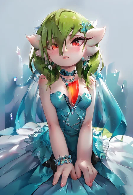 (((gardevoir))), female, furry, (long green hair), pale skin, (score_9, score_8_up, score_7_up), 20 year old, long green hair, idol dress, perky breasts, hair over breasts, long hair, pretty face, looking at viewer, red eyes, vivid eyes, EGirlMakeup, light freckles, idol outfit, singing, on the stage, volumetric lighting, vivid colours, g0thicPXL, face focus, Rilex Lenov Art style