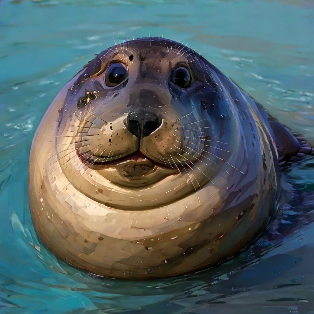 fisheye view, a funny smiling fat seal stares at the viewer, big nose, caricature, albeniz rodriguez style <lora:albeniz-rodriguez-style:0.9>