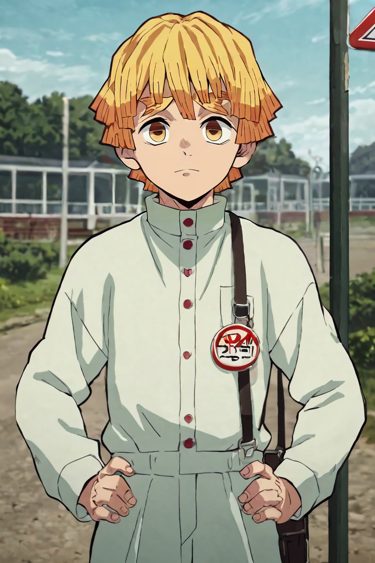 score_9, score_8_up, score_7_up, score_6_up, score_5_up, score_4_up, BREAK source_anime, anime screencap, , official style, looking at viewer, , , 1boy, solo, male focus, <lora:zenitsu_agatsuma_pony:0.82>, zenitsu_agatsuma, blonde hair, yellow eyes, short hair, bangs, thick eyebrows, , , , bus stop, Standing tall, hands on hips, looking confident, <lora:sdxl_lightning_8step_lora:1>