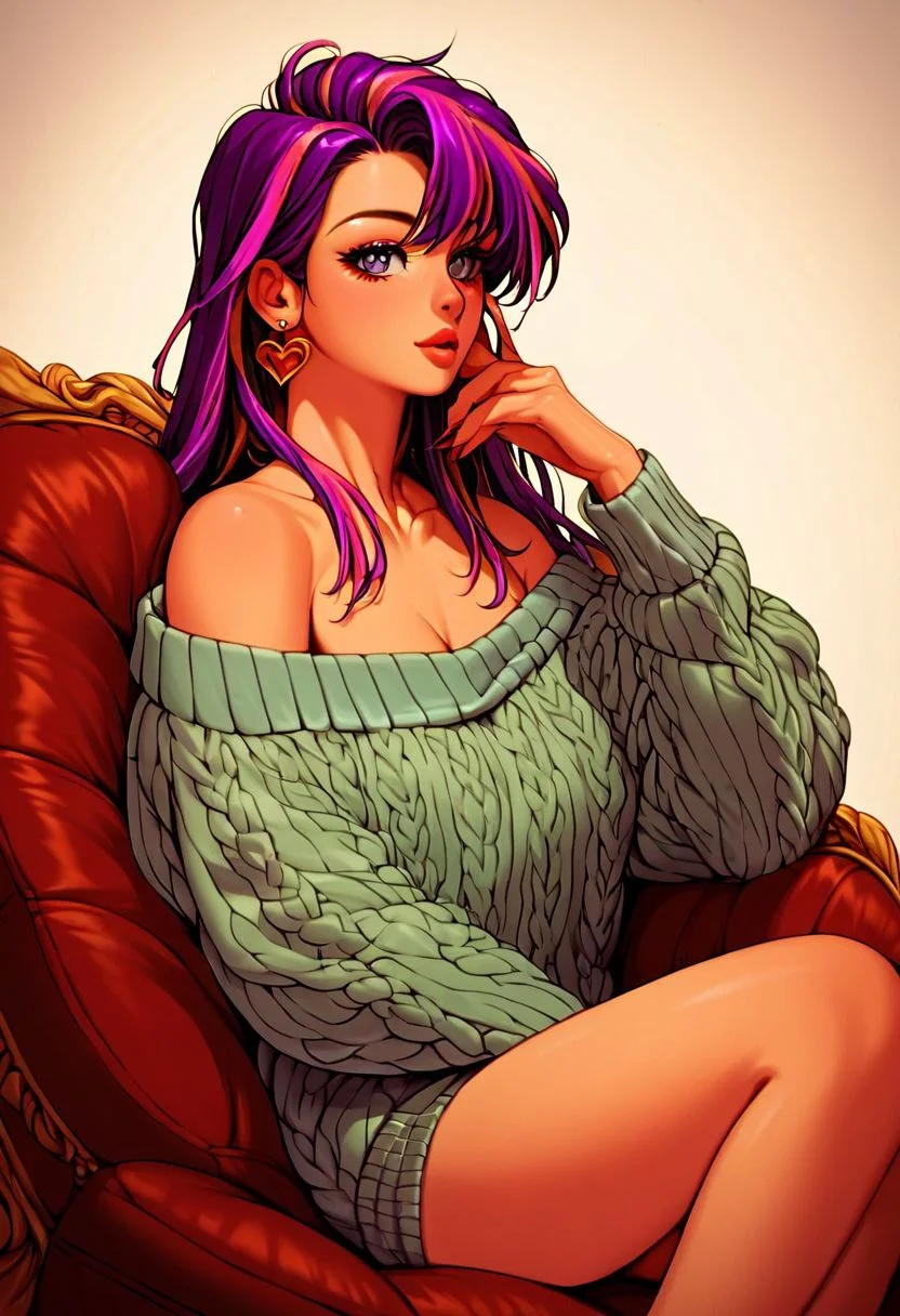 score_9, score_8_up, score_7_up, score_6_up, score_5_up, score_4_up, rating_safe, source_anime (ultra-high-quality), 90s4n1m3
a beautiful girl, sitting on couch, wearing a sweater, off-shoulder, (portrait), perfect eyes, purple hair, pompadour, highlights in eyes, perfect skin, earrings,
harsh lighting, rim lighting,
digital art,