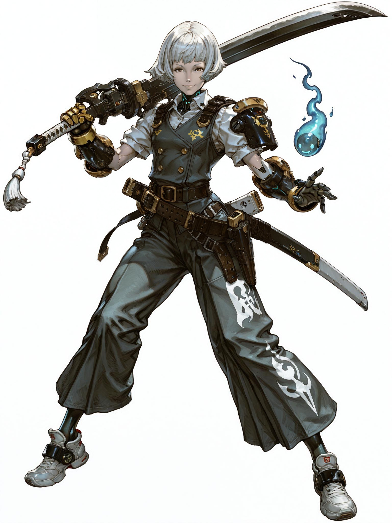   Remove Use these settings1girl, light skin, white hair, (short hair:1.1), Compact, agile ,Petite, armor ,collared shirt ,gauntlets ,grey hair ,hitodama , katana ,looking at viewer ,multiple swords , over shoulder , science fiction , shirt ,shoes ,short sleeves ,shoulder armor ,solo ,sword , sword over shoulder , android ,belt ,gun , holding weapon ,metal skin ,revolver ,transparent background ,vest ,weapon , weapon over shoulder ,smile ,holding a large katana, (detailed clothing:1.2), centered in frame, facing viewer,simple background,fighting stance, open legs, , dynamic pose, full body, portrait, zzzcc