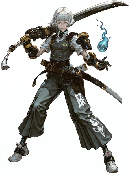 Remove Use these settings1girl, light skin, white hair, (short hair:1.1), Compact, agile ,Petite, armor ,collared shirt ,gauntlets ,grey hair ,hitodama , katana ,looking at viewer ,multiple swords , over shoulder , science fiction , shirt ,shoes ,short sleeves ,shoulder armor ,solo ,sword , sword over shoulder , android ,belt ,gun , holding weapon ,metal skin ,revolver ,transparent background ,vest ,weapon , weapon over shoulder ,smile ,holding a large katana, (detailed clothing:1.2), centered in frame, facing viewer,simple background,fighting stance, open legs, , dynamic pose, full body, portrait, zzzcc