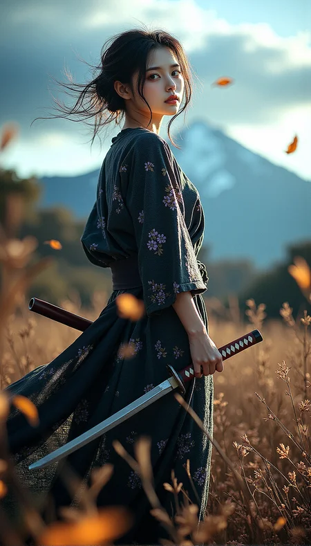An extreme realism ultra wide shot of a beautiful kunoichi, in an autumnal setting inspired by the Edo period. The scene captures the motion of strong winds, swirling leaves, and the dark clouds looming over a rugged mountainous landscape, all reflected in her intense amber eyes.Wearing  lightweight kimono-inspired outfit with a short hem and fitted sleeves, allowing for freedom of movement. The fabric is dark with subtle floral patterns, tied with an obi, and paired with tabi boots.

Hands Resting on Wakizashi Hilts

The kunoichi stands with both hands resting lightly on the hilts of her wakizashi, her stance relaxed and composed while looking away.