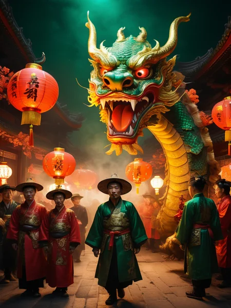 masterpiece by Piotr JabÅoÅski, of a vibrant lunar new year celebration,
In ancient times, there was a monster named Nian, at night, intricately detailed dragon, adorned with emerald and golden scales, happy men and women dressed in traditional attire for a Chinese New Year celebration, traditional Chinese lanterns, lighting up the night sky, cinematic, cinematic shot, cinematic lighting
rembrandt lighting style, shadow, partially covered in shadow, <lora:xl_more_art-full_v1:1> <lora:add-detail-xl:1.1> misc,