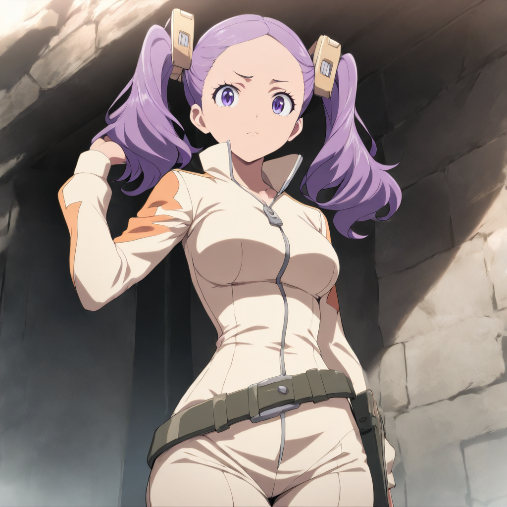 1girl,solo,looking at viewer,cowboy_shot,masterpiece,high score,great score,absurdres,<lora:Wahanly_Shume ag4o v1:1> wahanly_shume, purple hair, twintails, purple eyes,belt,