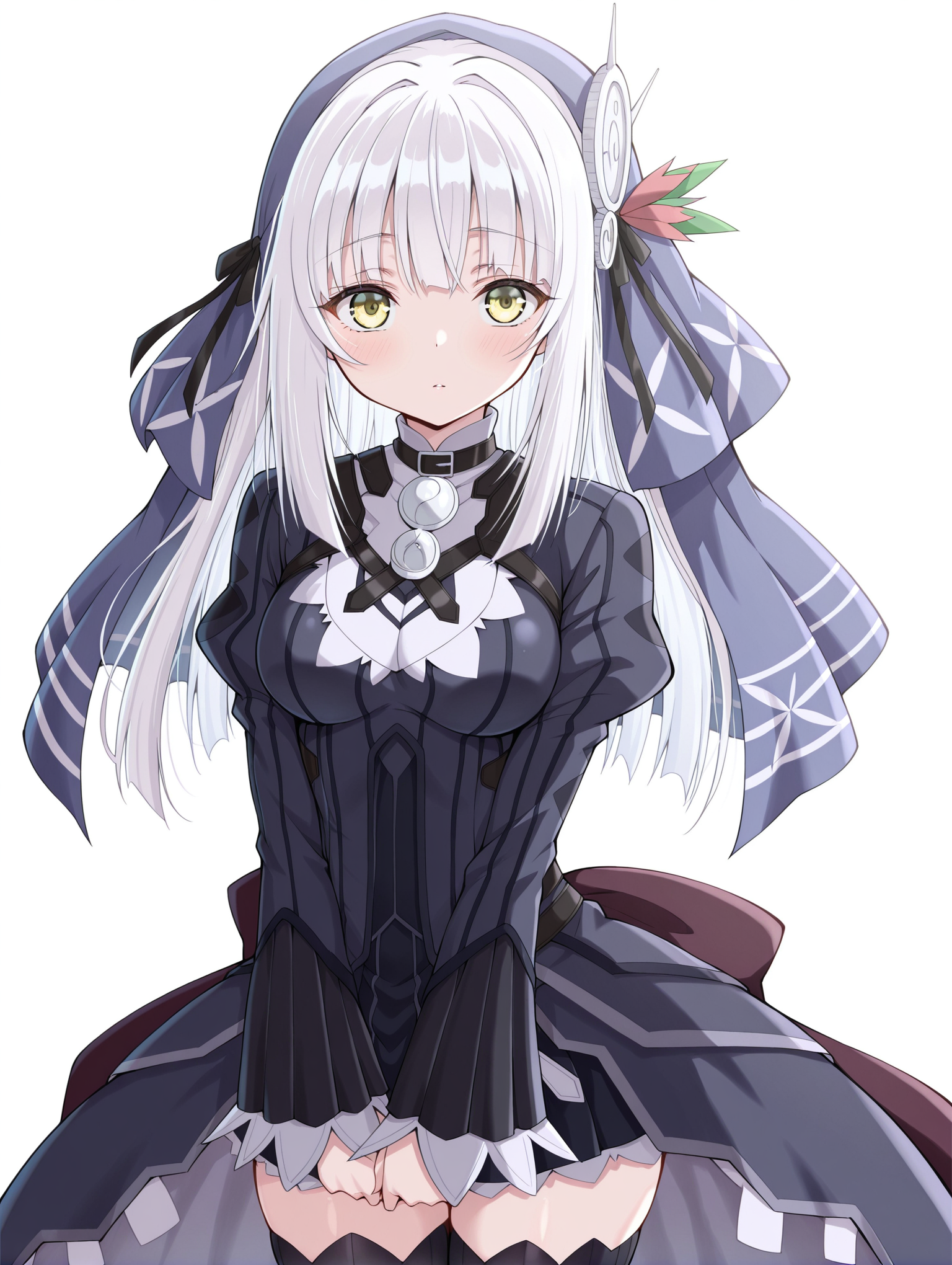 masterpiece,best quality,amazing quality, looking at viewer, 1girl,  ryuzu, long hair, yellow eyes, white hair, hair ornament, bangs, dress, ribbon, veil, hair ribbon, long sleeves, thighhighs, black thighhighs, zettai ryouiki, white background <lora:RyuZU:1>