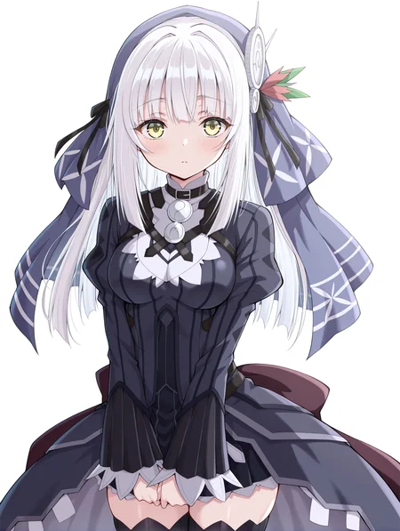 masterpiece,best quality,amazing quality, looking at viewer, 1girl, ryuzu, long hair, yellow eyes, white hair, hair ornament, bangs, dress, ribbon, veil, hair ribbon, long sleeves, thighhighs, black thighhighs, zettai ryouiki, white background <lora:RyuZU:1>