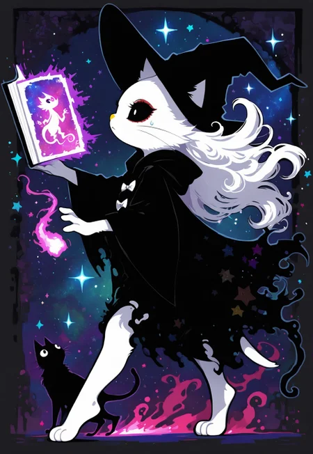 score_9, score_8_up, score_7_up, Nameless_Style, <lora:haroneko:1>, _Style, furry, Cartoon_Type, cute, stylish, pose, extremely detailed, high quality, haroneko, 1girl, anthro cat, wizard, white fur, black eyes, yellow nose, whiskers, barefoot, (close up:1.4), magical library background, large frog, book exploding, surprised, sweatdrop, looking disgusted, spirit, spirit from book, terrifying spirt, , bow, sassy pose, cute background, abstract background, stars, from side, holding book, interacting with object,
masterpiece ,amazing quality, intricate details , sometyome_illu ,xxx667_illu , reij-incs, reij-incs, silhouette character, flowing hair, thin black outline,