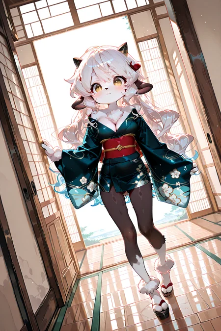 Full Shot. Extra Wide Shot. dutch angle. small character in large background
1 girl, solo, ((adult)), slim build, graceful figure, ((Furry lamb girl)), anthro, white hair, (very long wavy hair), detailed hair, white fur, white skin, mini kimono,
embedding:lazympos, masterpiece, best quality, amazing quality, very aesthetic, high resolution, ultra-detailed:1.4, absurdres, newest,