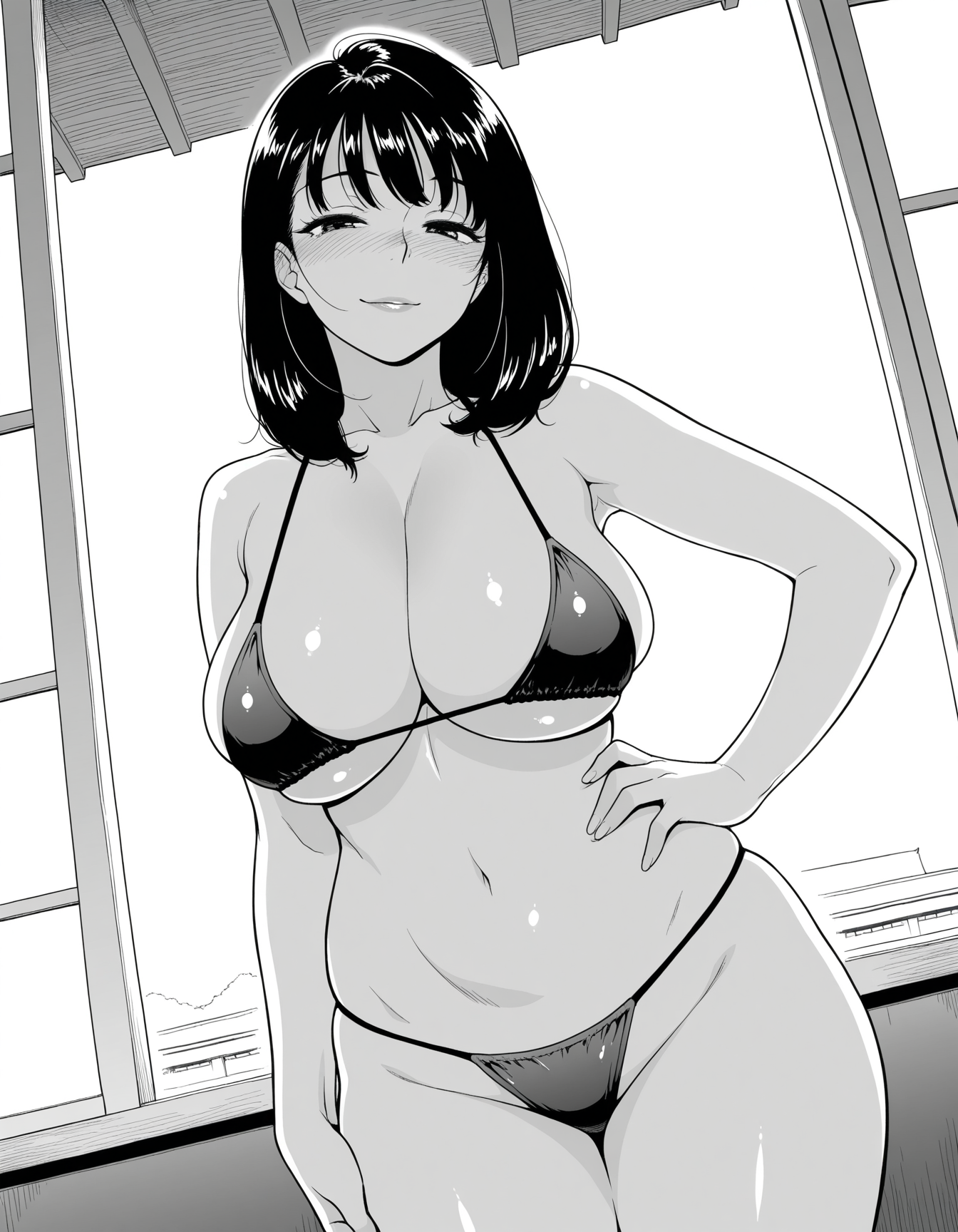 masterpiece, best quality, amazing quality, <lora:Jingrock_-_Love_Letter-000008:0.8>, j1ngr0ck, monochrome, greyscale, 
1girl, medium hair, mature, looking at viewer, string bikini, string panties, black hair, seductive smile, 
in summer, day, japanese hotel, window, standing, hand on own hip, dynamic_angle,