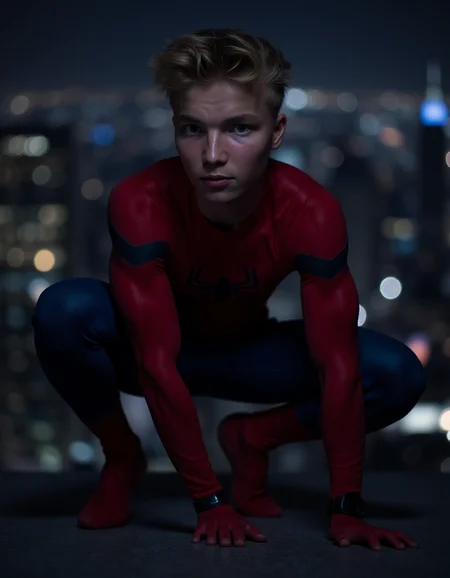 A cinematic, hyper-detailed image of Timlaurez wearing a Spider-Man costume without the mask. His angelic gaze meets the camera with a magnetic charm, evoking the captivating essence of a young vigilante in an immersive cinematic moment.
He is crouched in a Spider-Man pose atop the Empire State Building on a dark night.
<lora:TimLaurez:1> <lora:aidmaRealisticSkin:0.4>