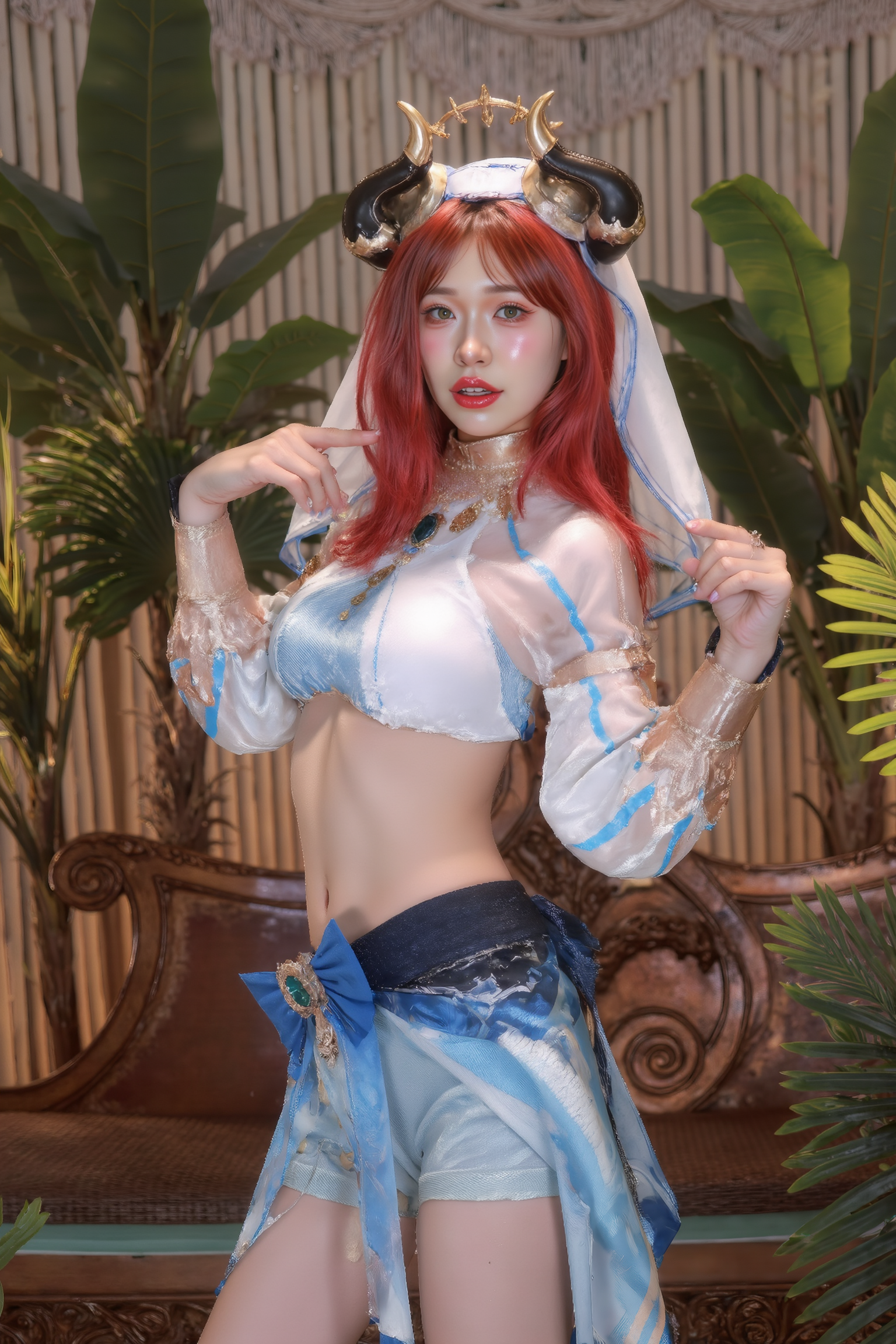 High-resolution photograph of a young woman standing confidently, arms loosely crossed in front of her torso. Her weight subtly shifts to one leg, creating a natural contrapposto stance. Her gaze is directly toward the camera, radiating warmth and self-assuredness. Subtle lighting accentuates her relaxed elegance.

She is wearing a blue and white SGWN59Clothing with horns. Her makeup is dramatic, with dark eyeliner and bold, glossy pink lips. 

The lighting features a high-contrast, monochromatic white color scheme that creates a moody, intimate atmosphere. 

The photography technique uses what appears to be soft lighting to create a glamorous effect, with careful attention to highlighting contours while maintaining the dominant light brown color scheme throughout the frame.

The overall aesthetic combines elements of fashion photography, traditional Asian visual motifs, and contemporary boudoir styling. The dramatic light brown lighting creates a cohesive visual theme that ties all elements of the composition together.

The white light emit on her to show her feature.