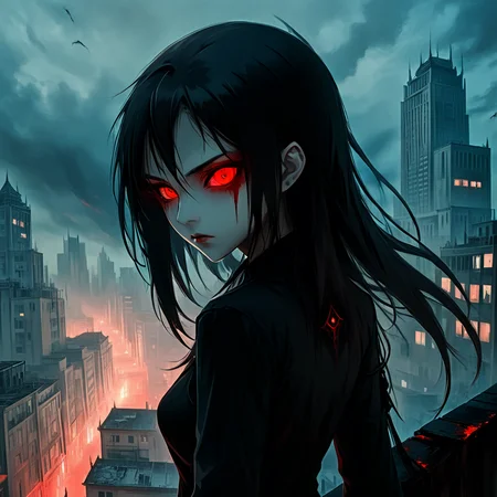 masterpiece,detail,high resolution,smooth lines,shadow detail,
LowKeyLights_v2, 1girl,solo,long hair,looking at viewer,black hair,red eyes,weapon,outdoors,sky,looking back,blood,glowing,building,glowing eyes,colored sclera,blood on face,city,black sclera
 ,<lora:low-key_lights_v2_xl:0.8>,