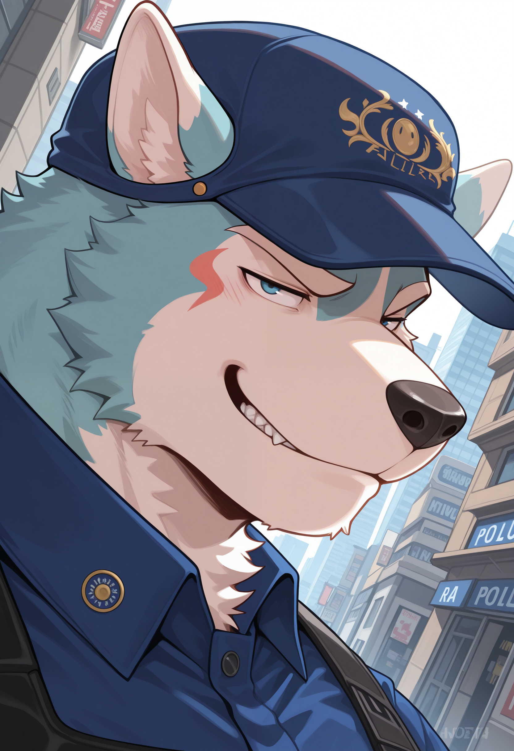 masterpiece,best quality, amazing quality, 1boy, solo, 0guch1, furry male, blue collared shirt, police hat, close up, side angle, smirk, city, 