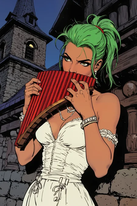 a woman with green hair,spiky hair,mohawk, white dress,long dress,bride dress, gown,solo, in front a church,outdoors,sad, ,playing red panflute , detailed background Fantastic lighting. Detailed shadows.intricate details, vivid colors, hyper-detailed, ultra-sharp, <lora:PANFLUTE_FLUX>, <lora:Ev_Ganin:0.4><lora:Vintage comic book:0.4><lora:RetroAnimeFluxV1:0.15><lora:Greg_Capullo_style:0.4><lora:jeanClaude_Mzires_Style_FLUX-000001:0.4><lora:Flux_Ink_Anime:0.4>