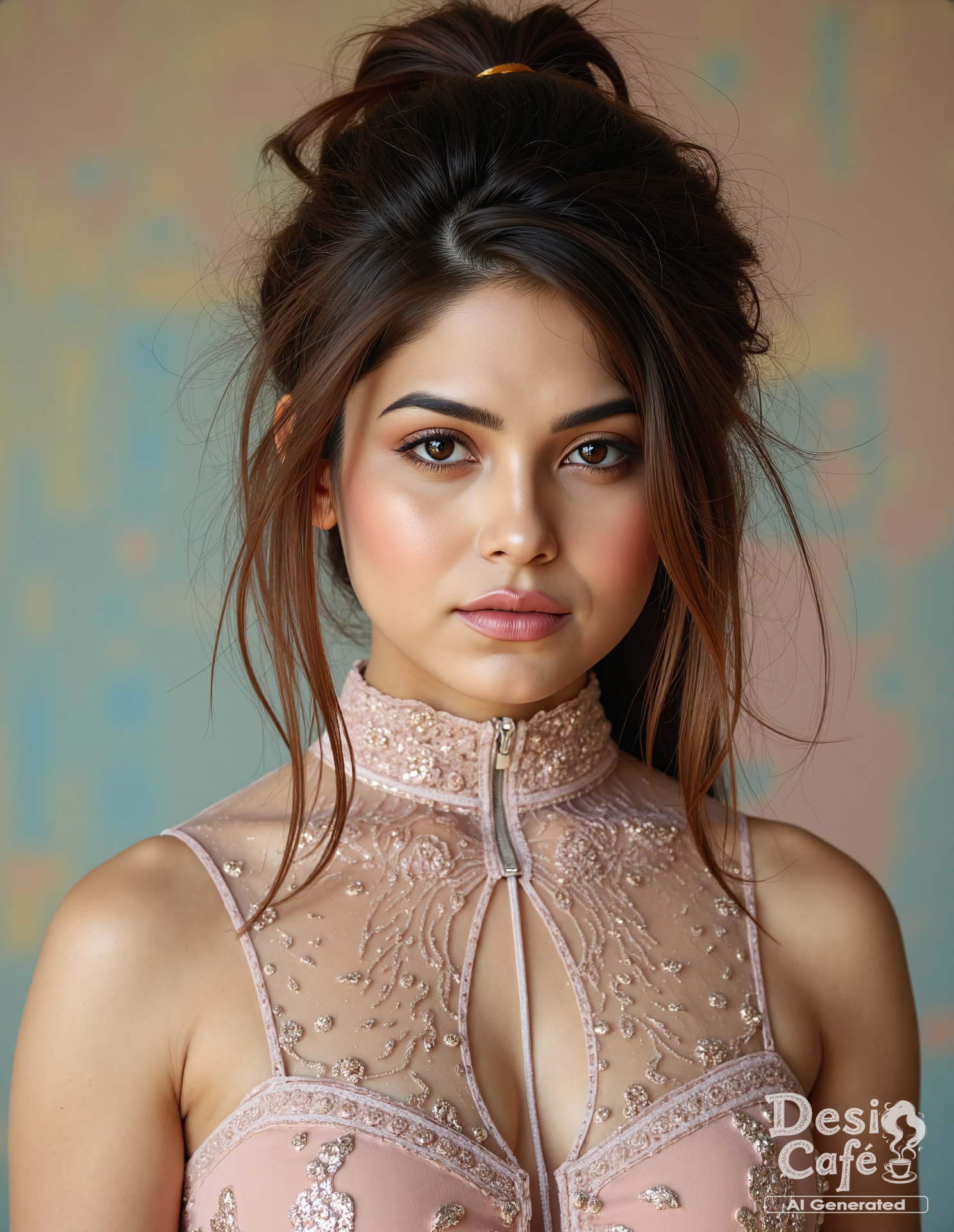 headshot photo of n41n4 woman, hyper realistic photo that is safe for work,  studio quality image with natural colors, well dressed wearing intricate turtleneck Sapphire floral summer dress, hair styled as  messy hair,muted pastel shaded multicolored background that contrasts with the person, cinematic lighting,âââââ   <lora:n41na_Naina_Ganguly_Flux_Kohya_V1:0.9>âââ